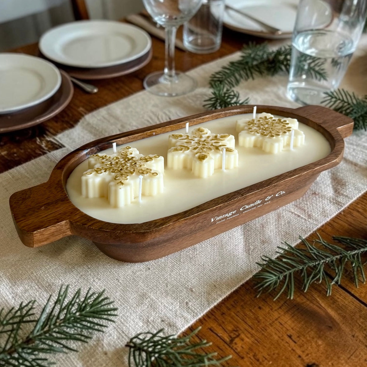 Snowflake Centerpiece Candle: Wooden Vessel, 6 Wicks