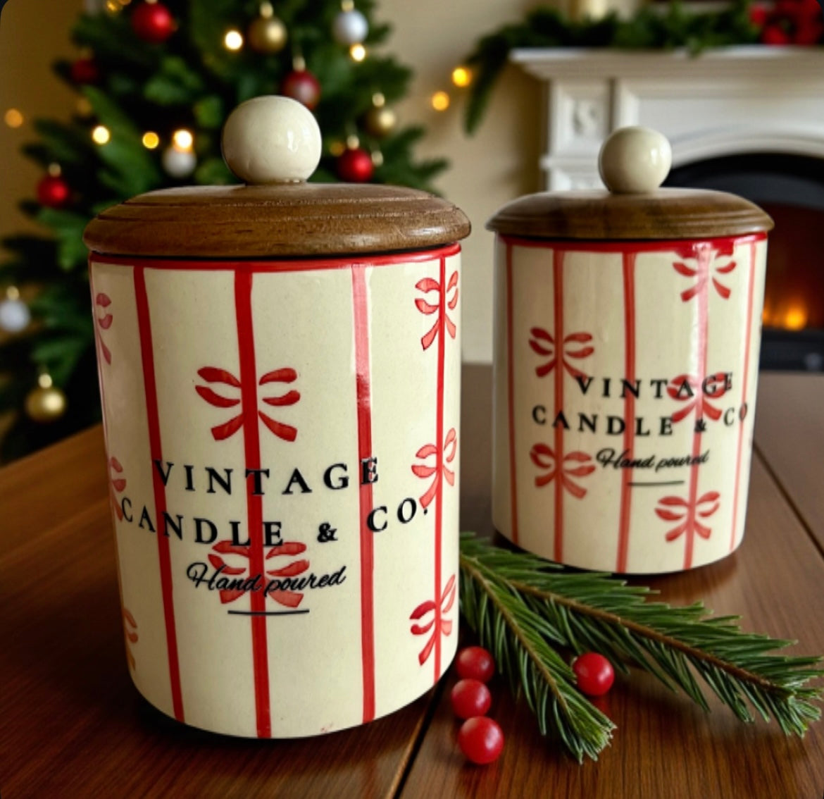 Red ribbon with wooden lid