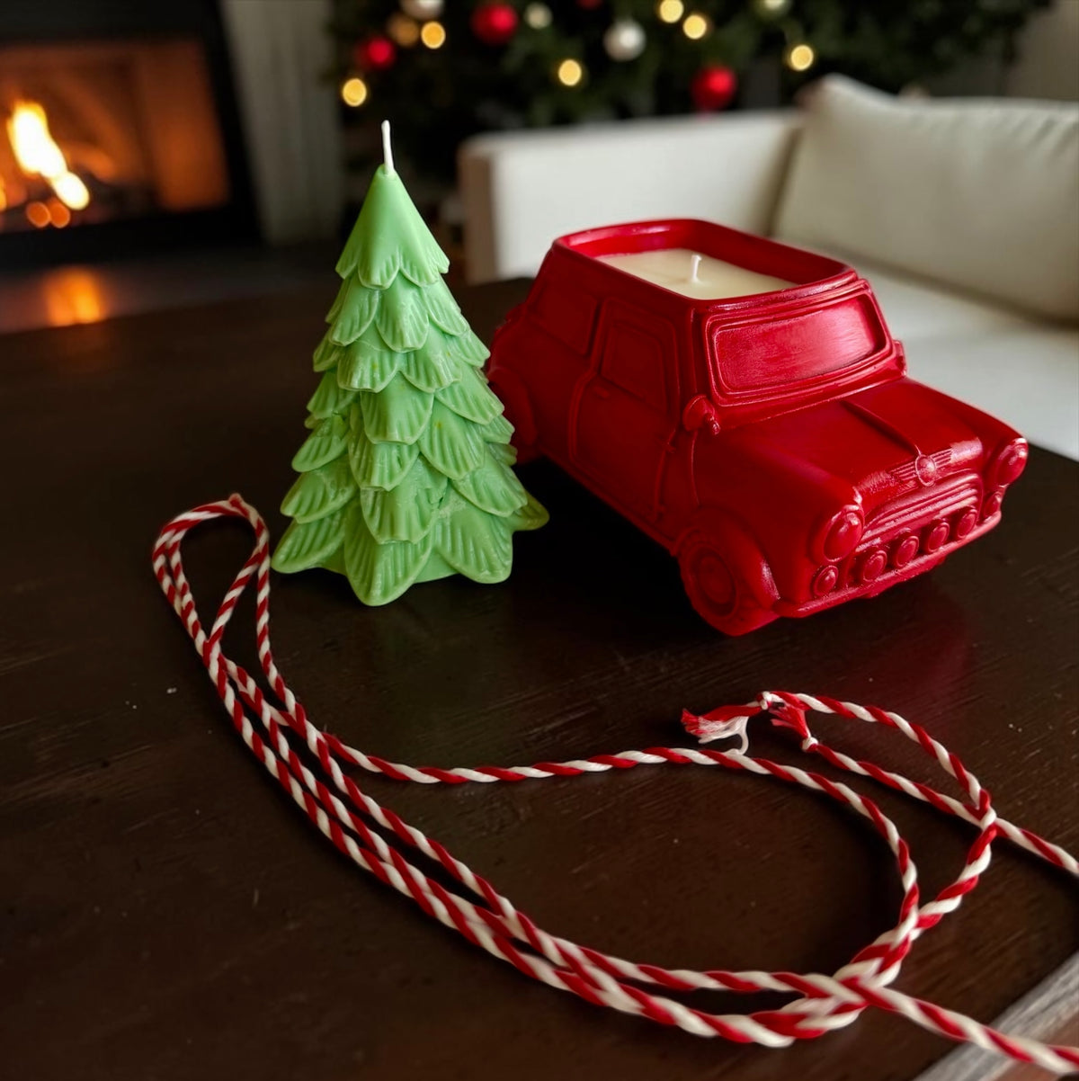 Farmhouse Christmas Set: Red Pickup Truck & Christmas Tree, 2 Candles in 1