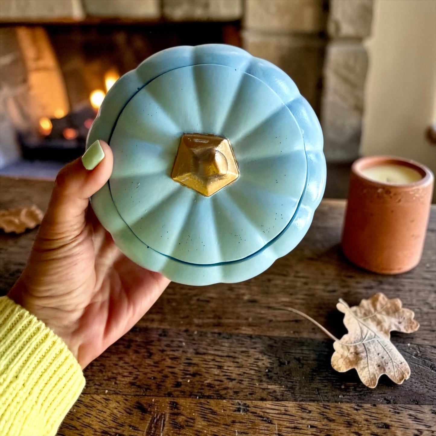 Large light blue pumpkin with lid