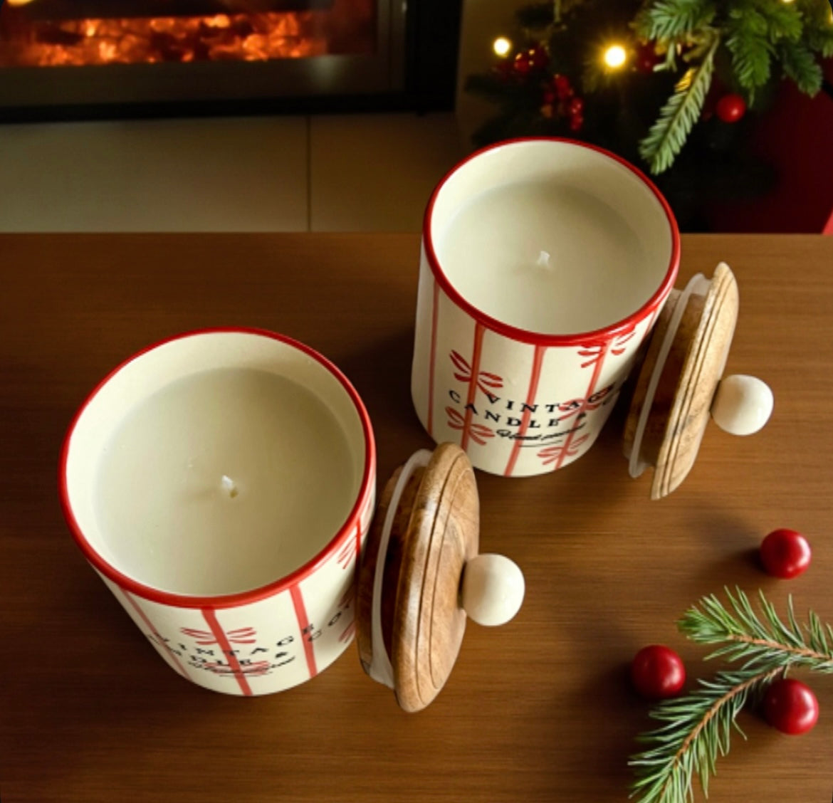 Red ribbon with wooden lid