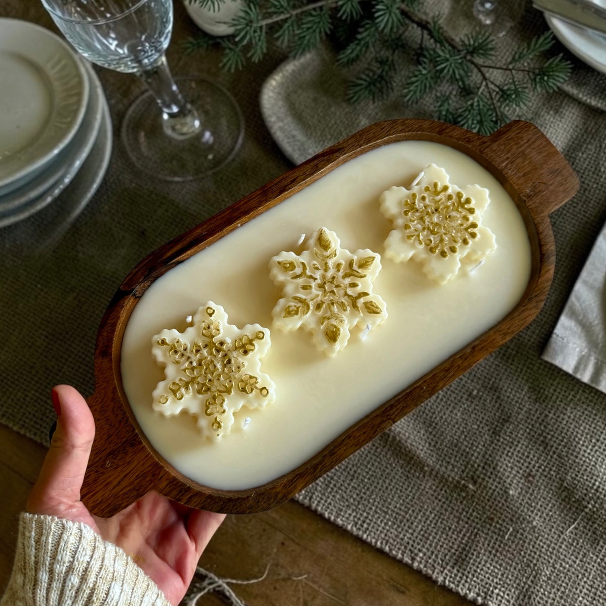 Snowflake Centerpiece Candle: Wooden Vessel, 6 Wicks