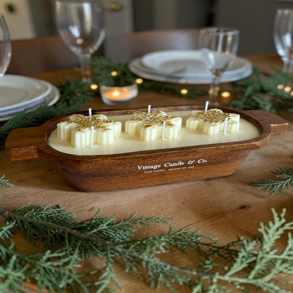 Snowflake Centerpiece Candle: Wooden Vessel, 6 Wicks