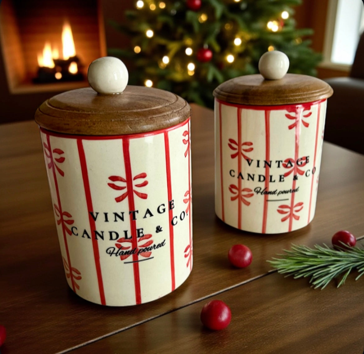 Red ribbon with wooden lid