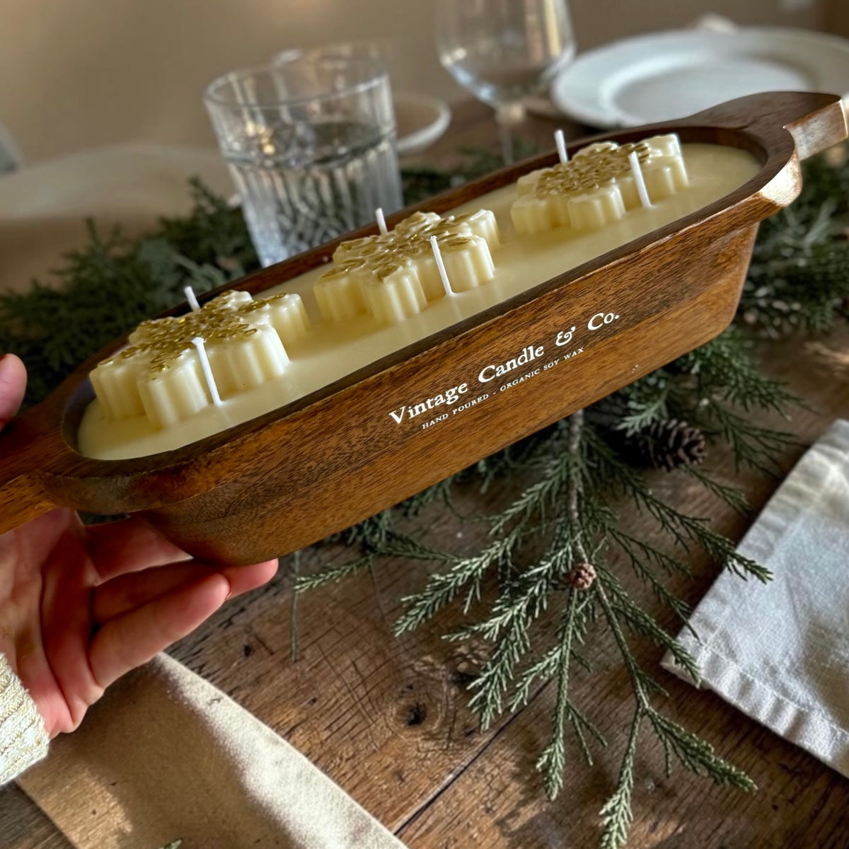 Snowflake Centerpiece Candle: Wooden Vessel, 6 Wicks