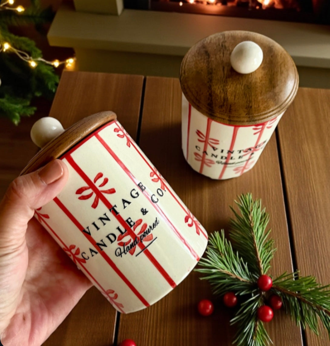 Red ribbon with wooden lid