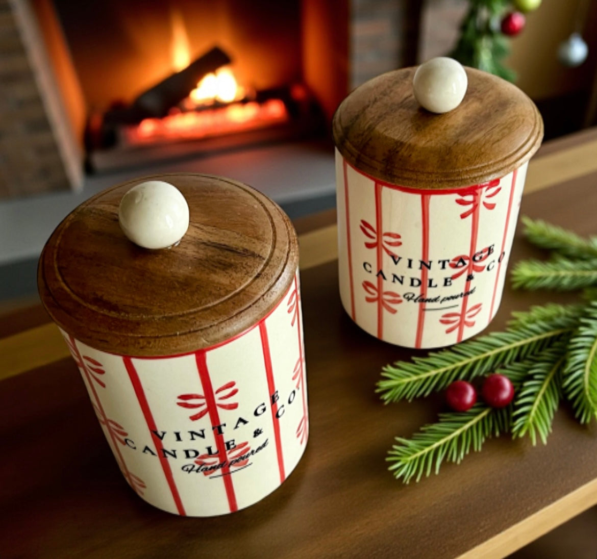 Red ribbon with wooden lid