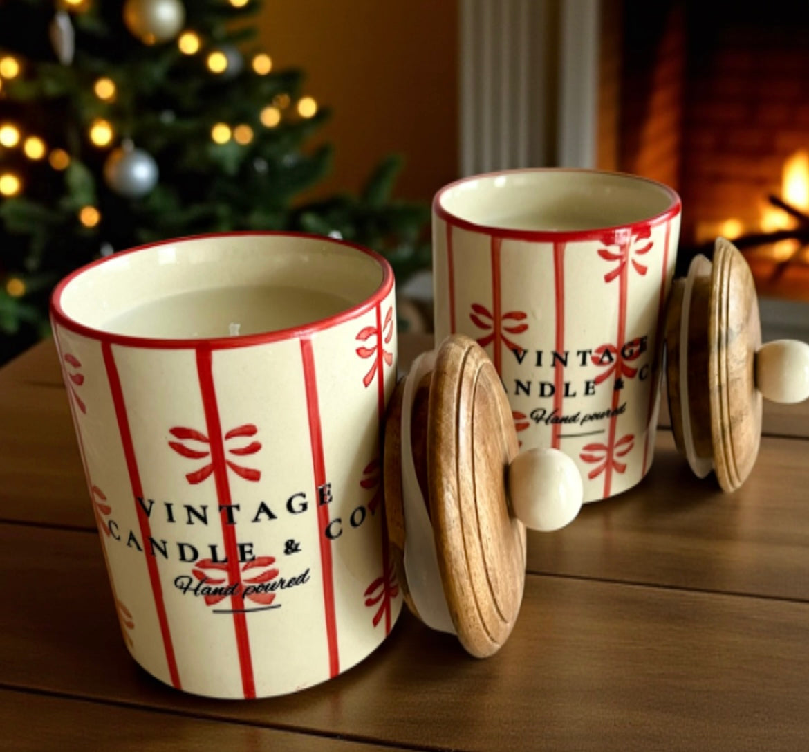 Red ribbon with wooden lid