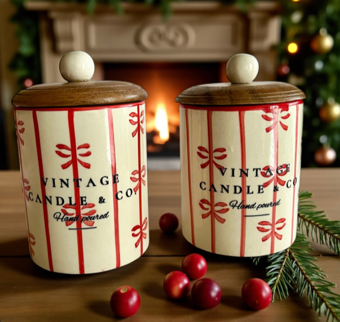 Red ribbon with wooden lid