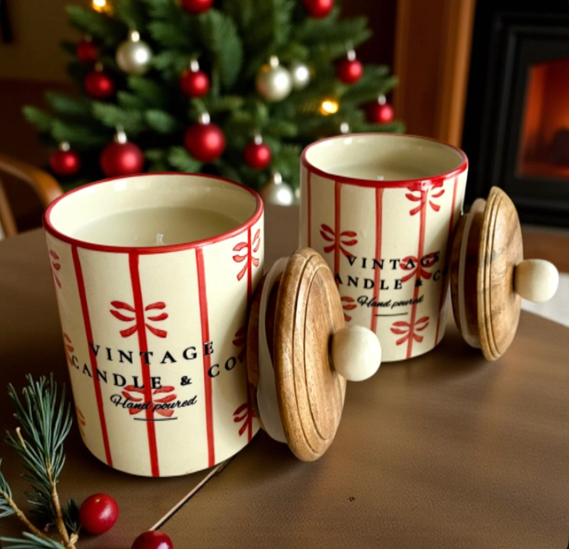 Red ribbon with wooden lid