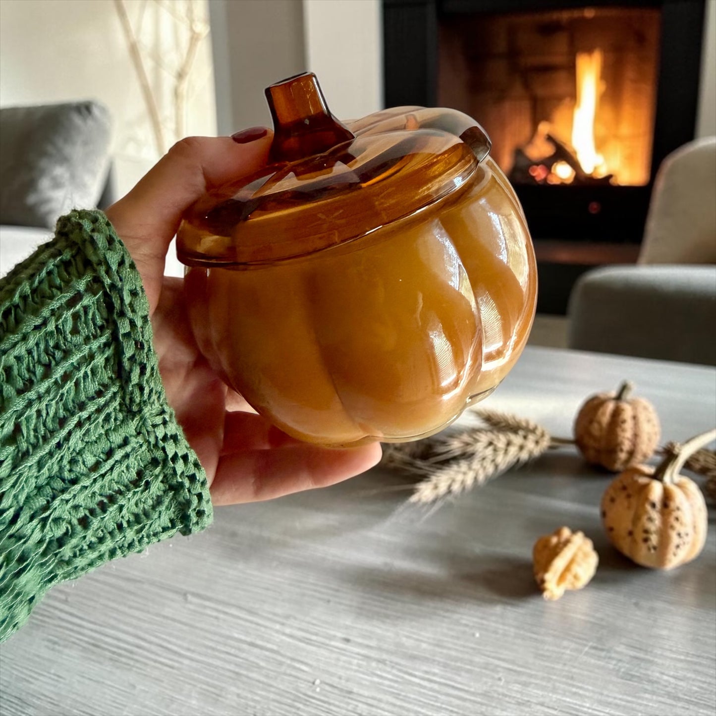 Amber glass pumpkin with lid