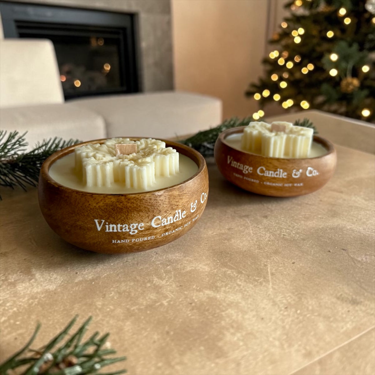 Set of 2 Snowflake Candles in Wooden Vessels