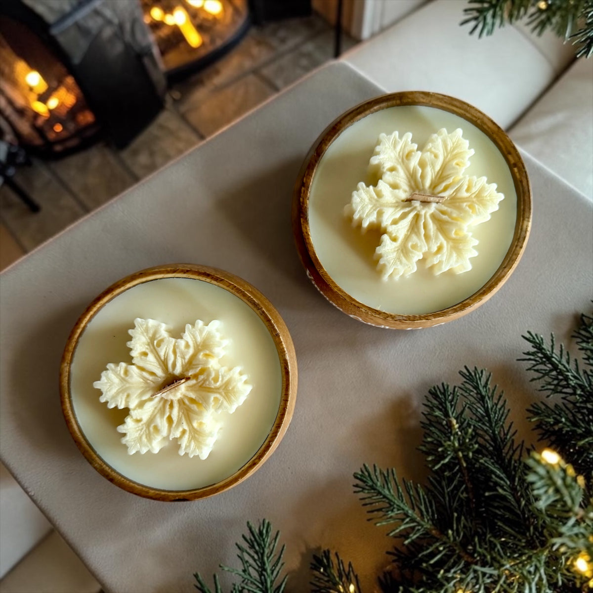 Set of 2 Snowflake Candles in Wooden Vessels