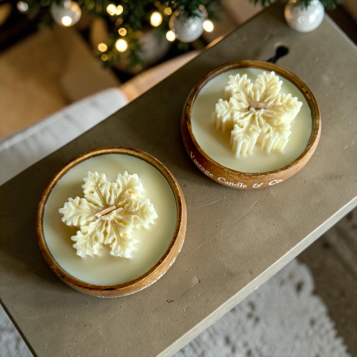 Set of 2 Snowflake Candles in Wooden Vessels