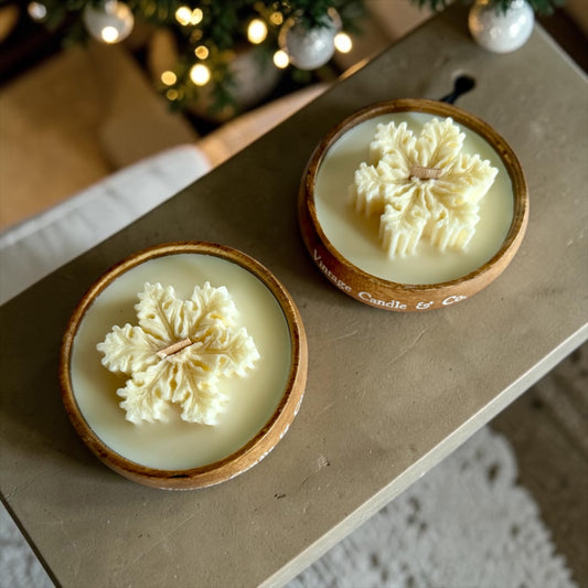 Set of 2 Snowflake Candles in Wooden Vessels