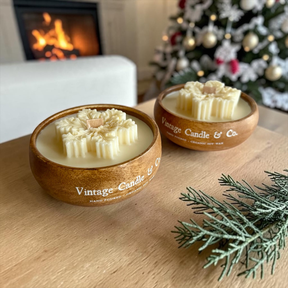 Set of 2 Snowflake Candles in Wooden Vessels