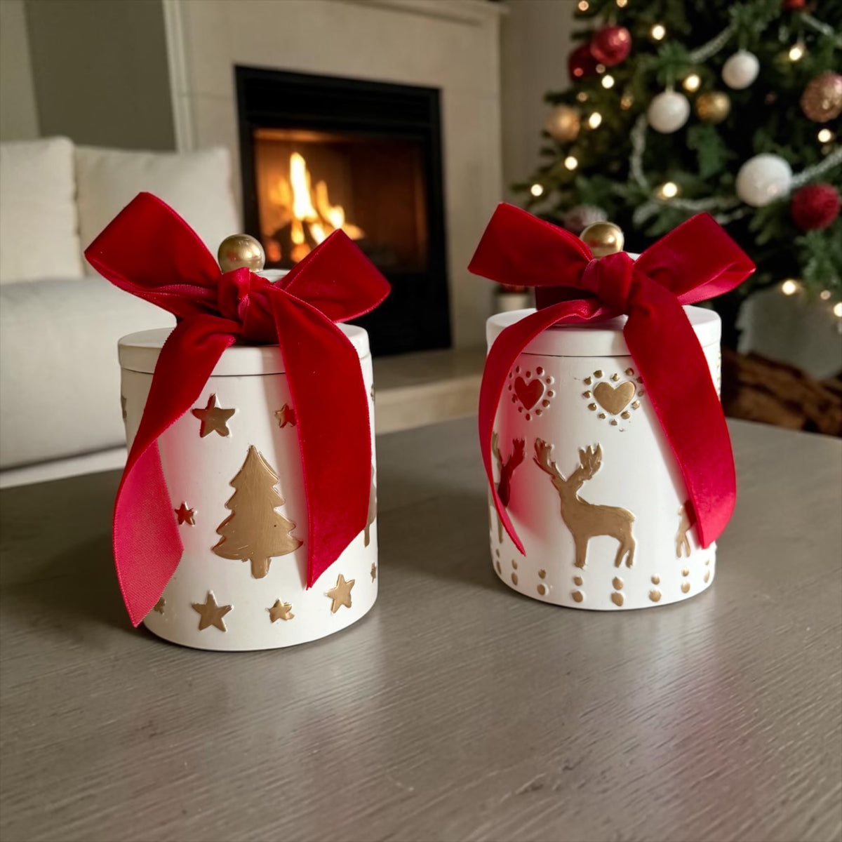 Set of 2 Christmas Candles: Christmas Tree & Reindeer, Handmade