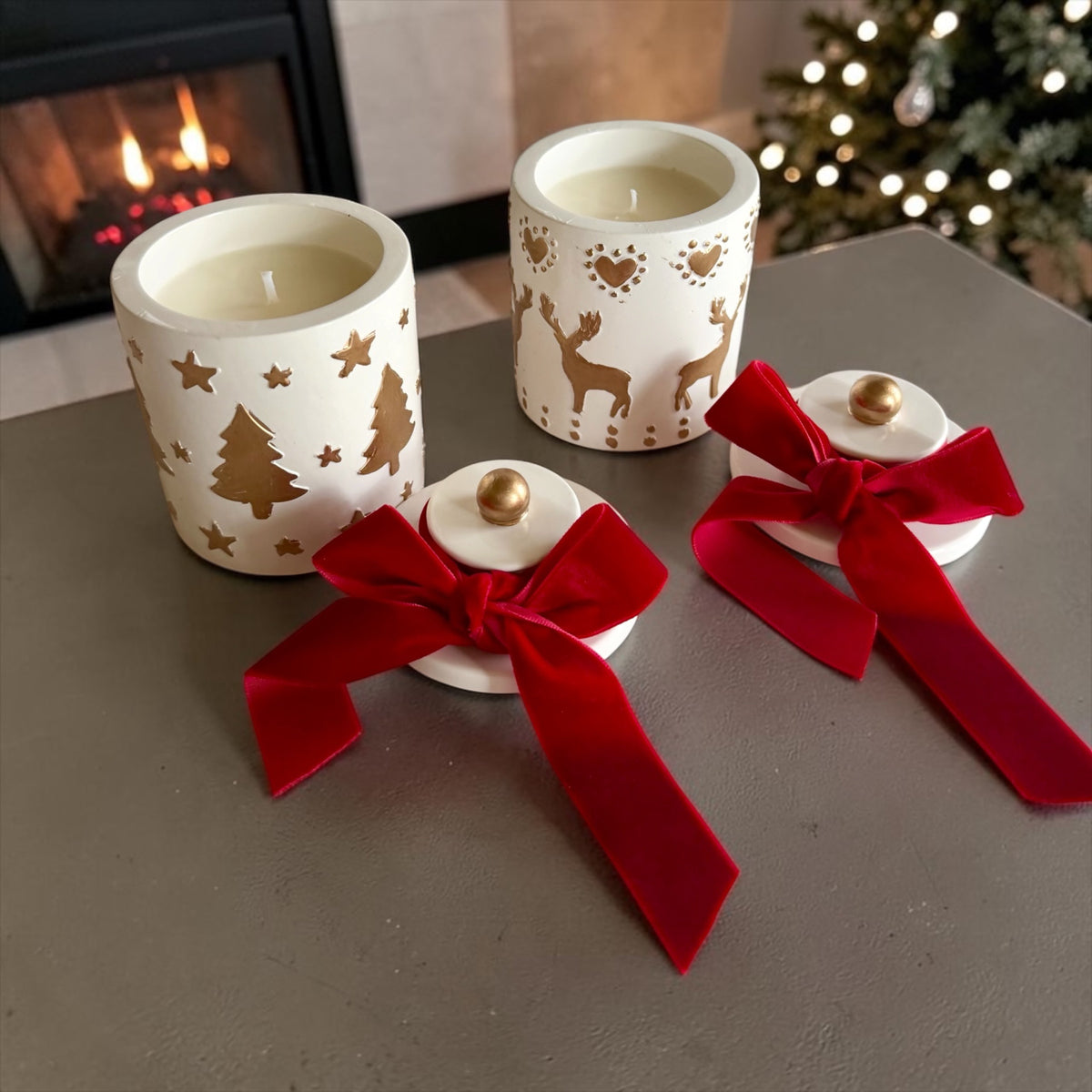 Set of 2 Christmas Candles: Christmas Tree & Reindeer, Handmade