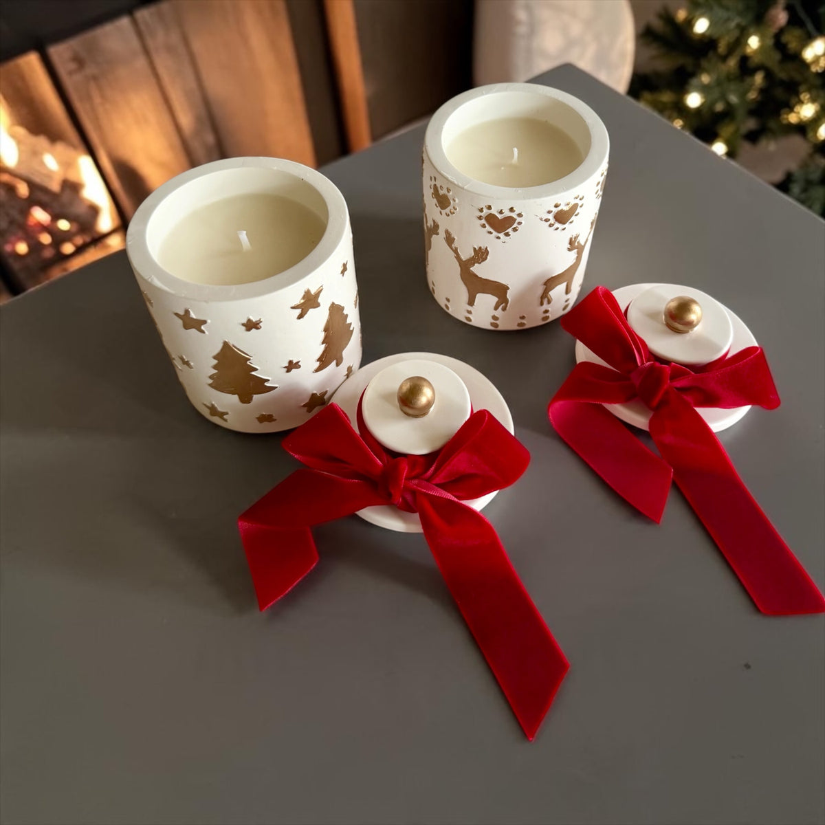 Set of 2 Christmas Candles: Christmas Tree & Reindeer, Handmade
