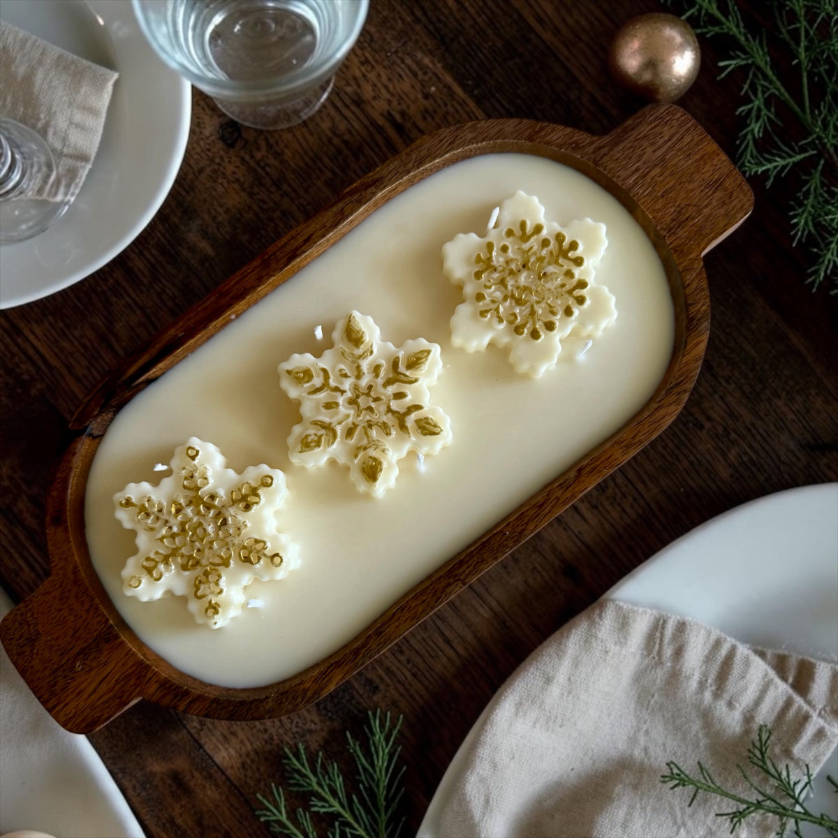 Snowflake Centerpiece Candle: Wooden Vessel, 6 Wicks