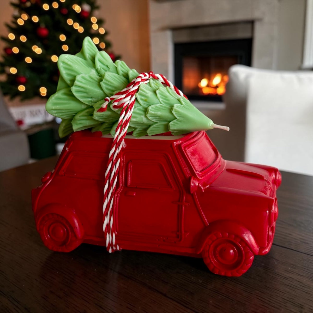 Farmhouse Christmas Set: Red Pickup Truck & Christmas Tree, 2 Candles in 1