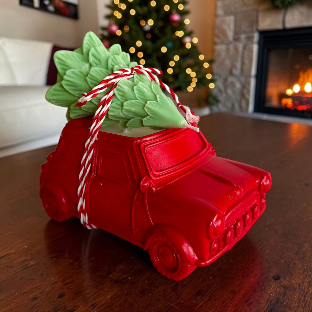 Farmhouse Christmas Set: Red Pickup Truck & Christmas Tree, 2 Candles in 1