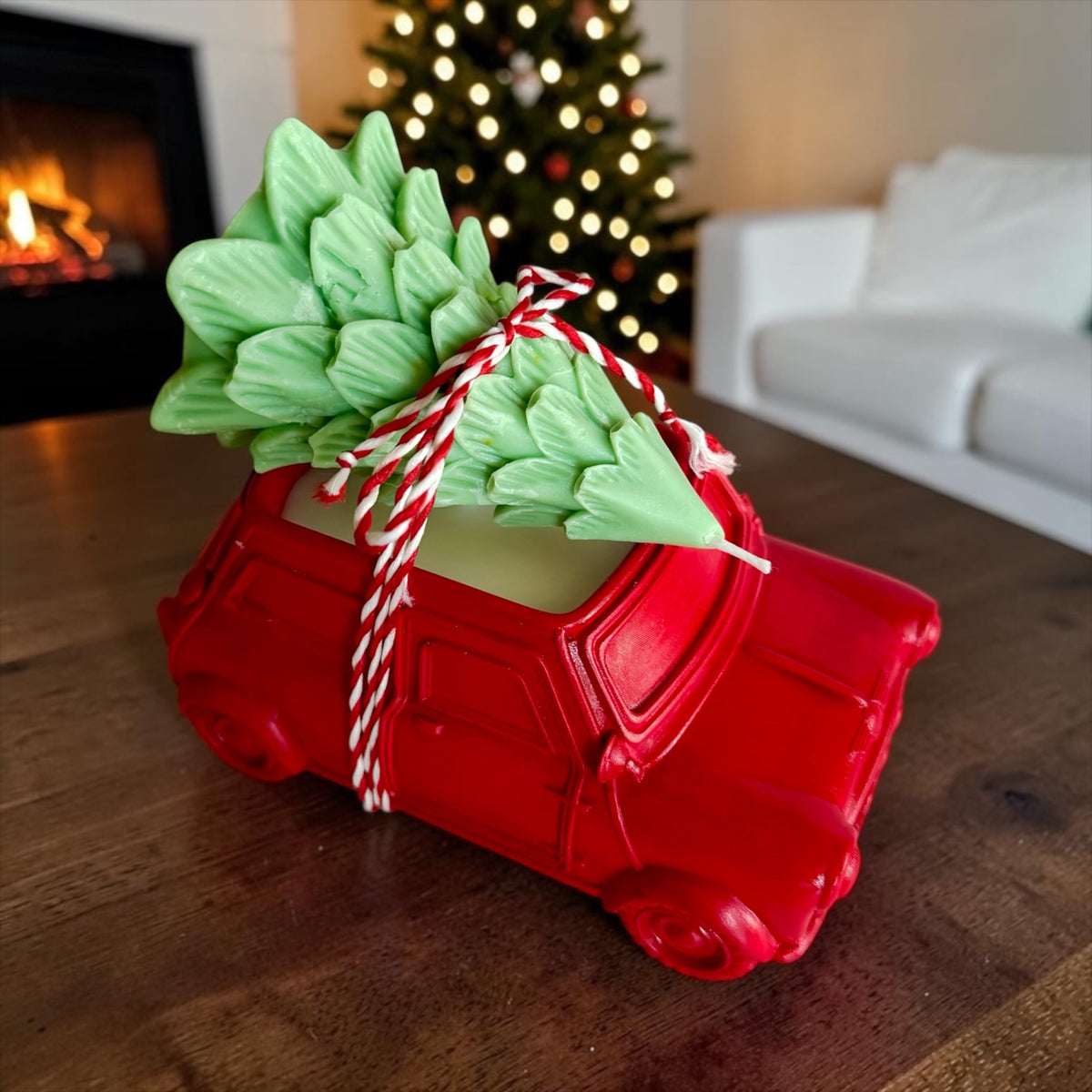Farmhouse Christmas Set: Red Pickup Truck & Christmas Tree, 2 Candles in 1