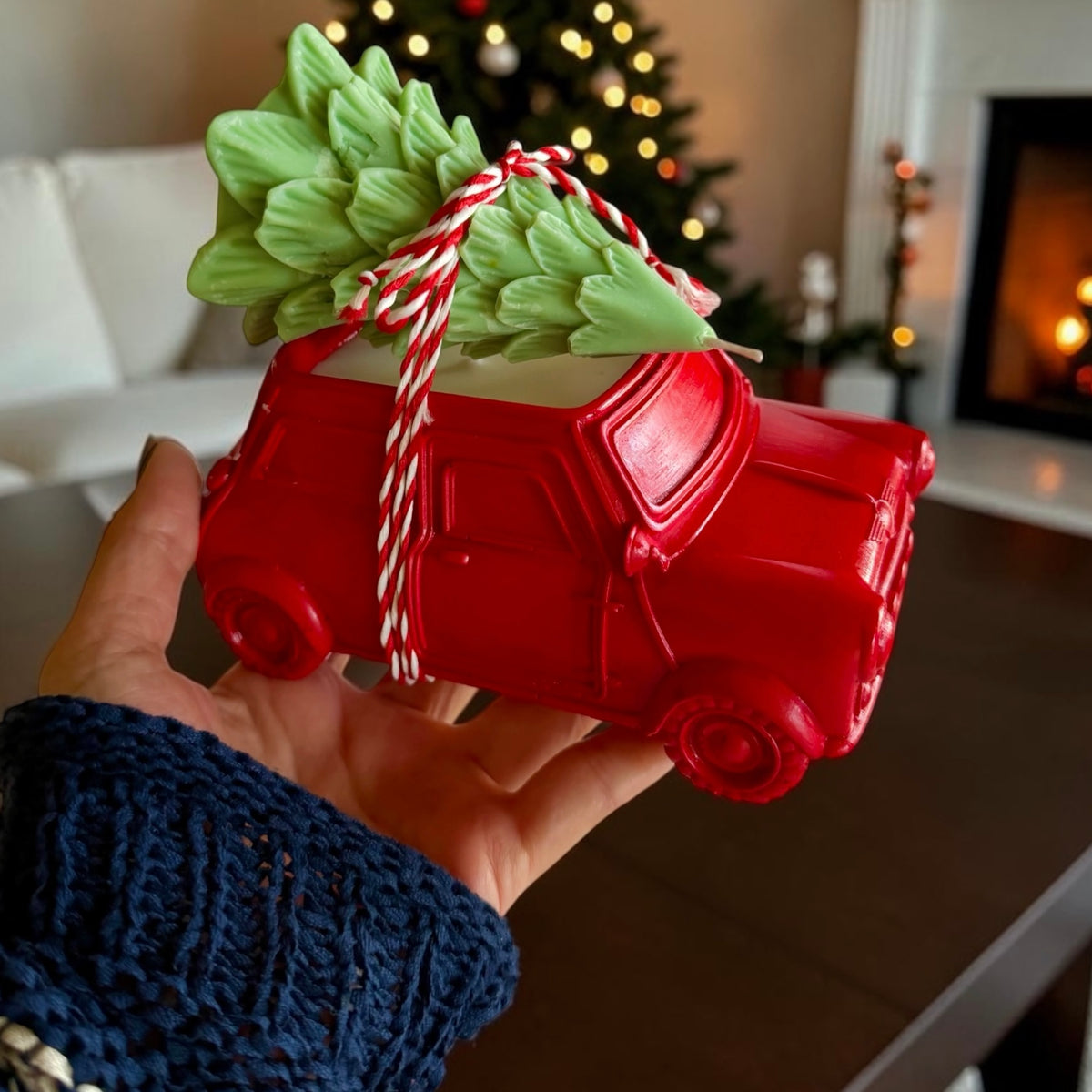 Farmhouse Christmas Set: Red Pickup Truck & Christmas Tree, 2 Candles in 1
