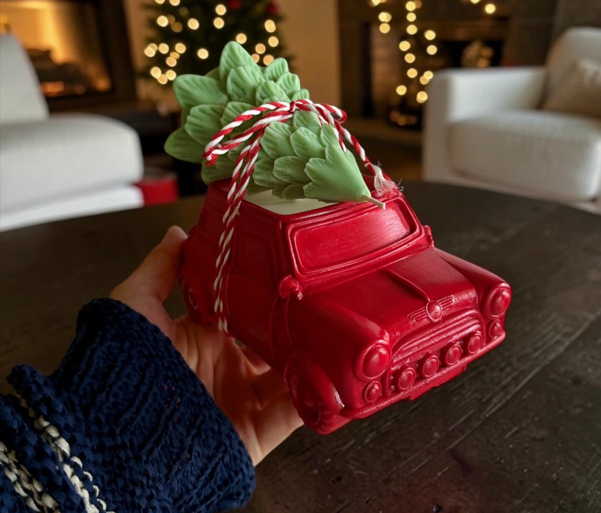 Farmhouse Christmas Set: Red Pickup Truck & Christmas Tree, 2 Candles in 1