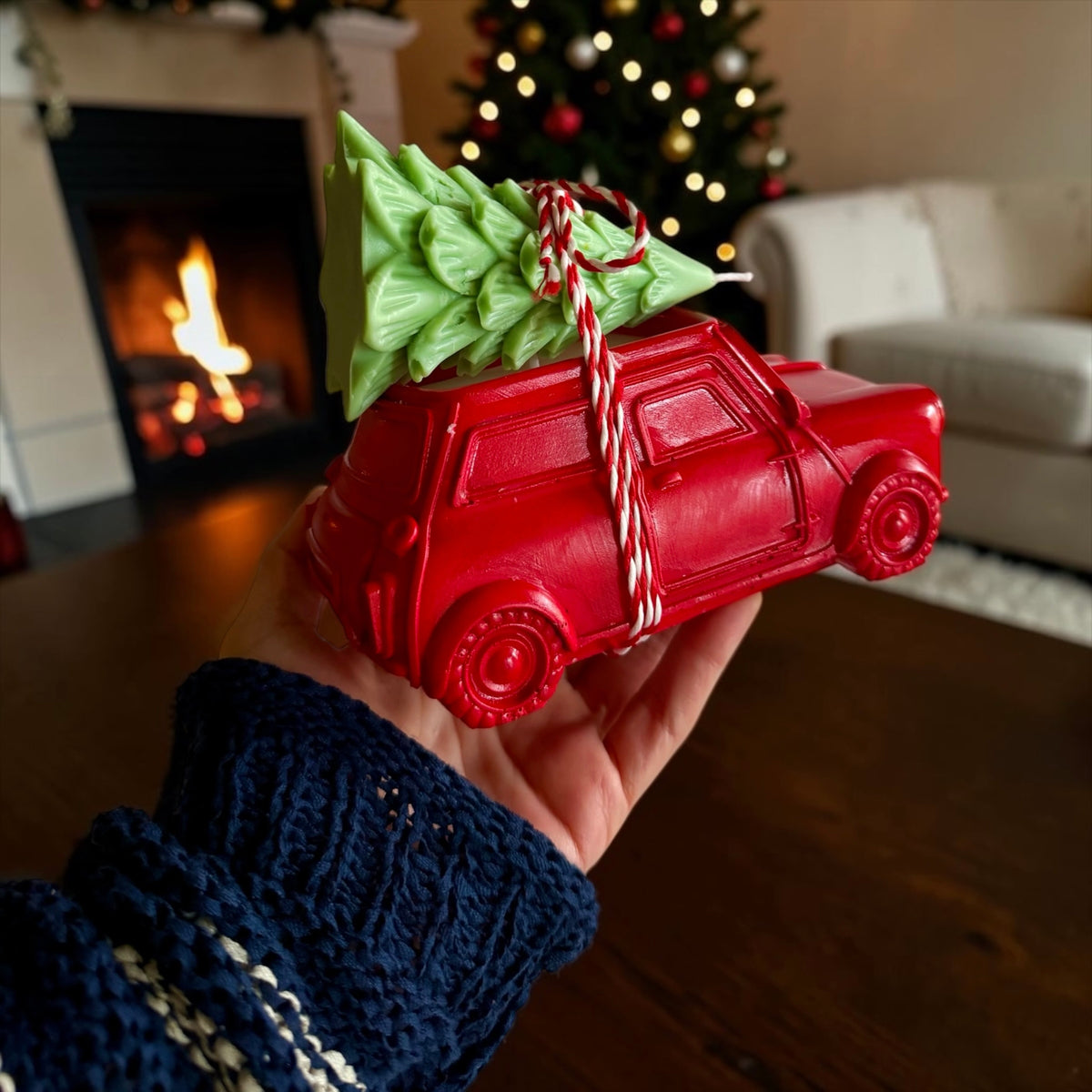 Farmhouse Christmas Set: Red Pickup Truck & Christmas Tree, 2 Candles in 1