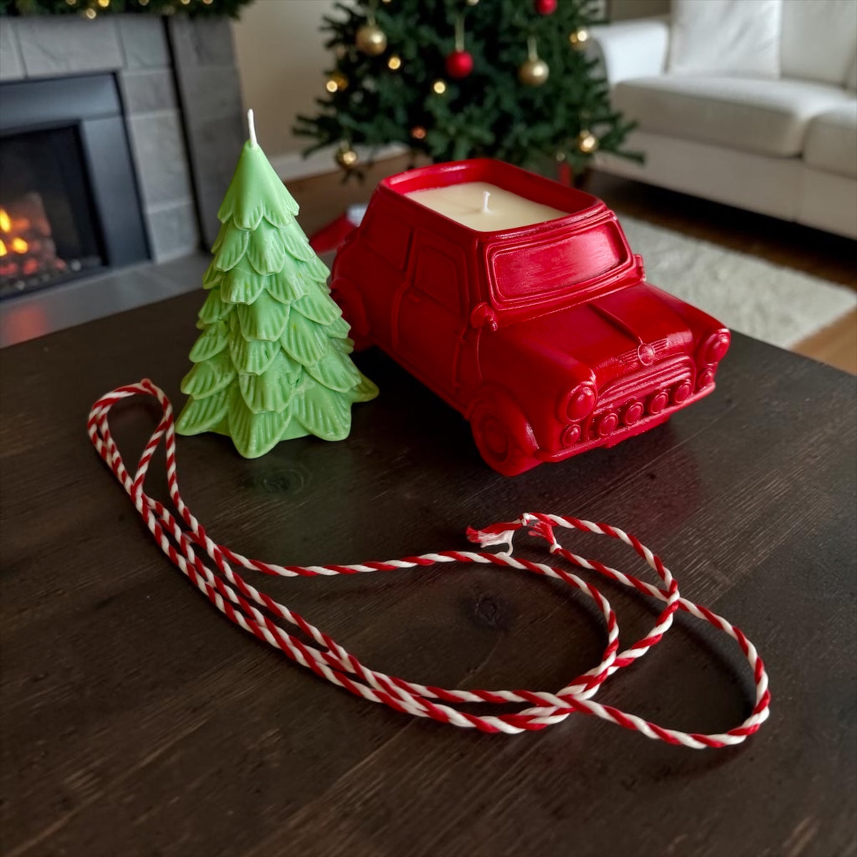 Farmhouse Christmas Set: Red Pickup Truck & Christmas Tree, 2 Candles in 1